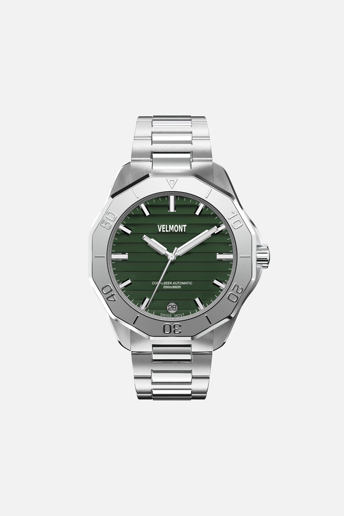 Automatic watch with green textured dial and silver-tone link bracelet, front view