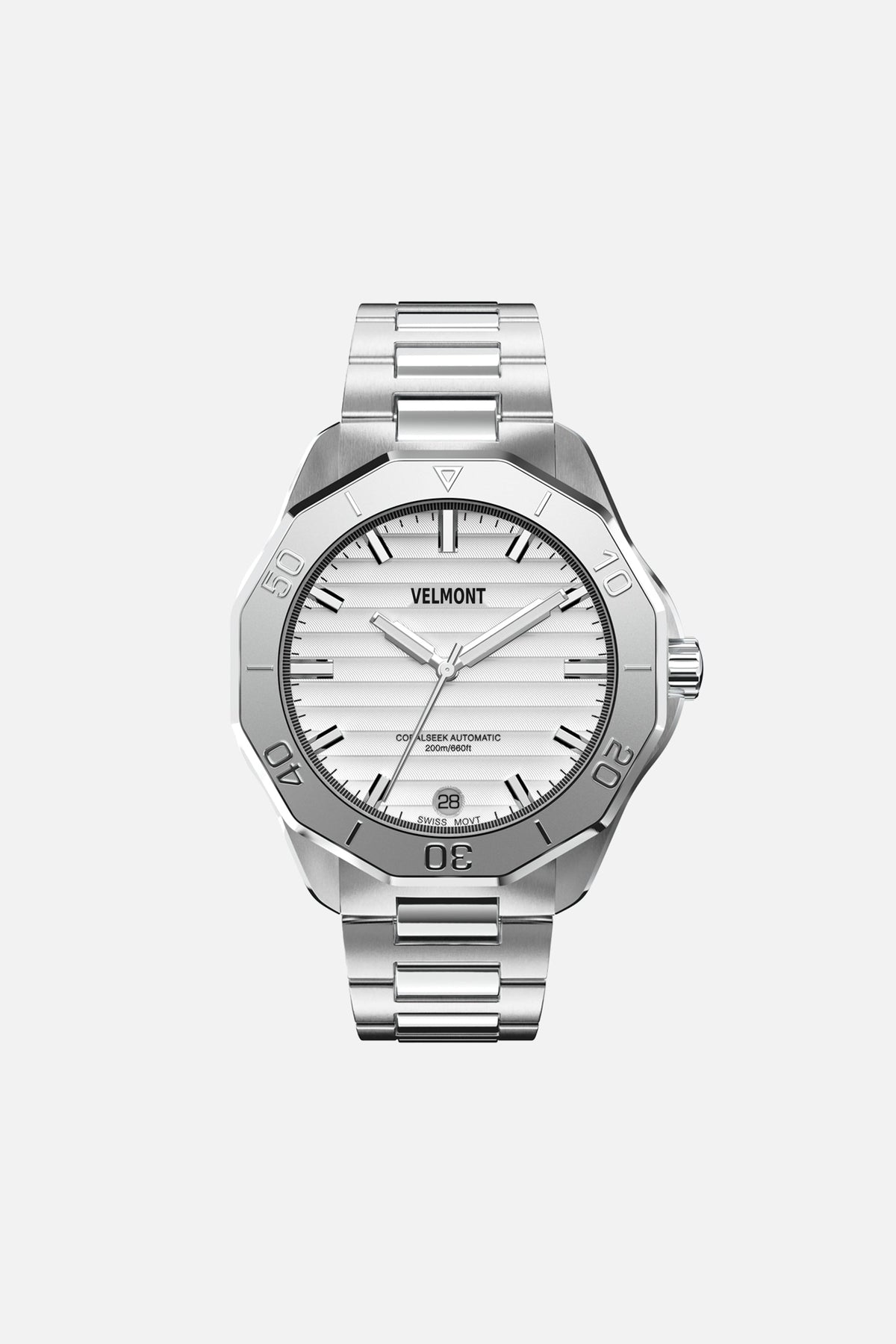 Front view of the 40 mm watch with white dial on a silver-tone link bracelet
