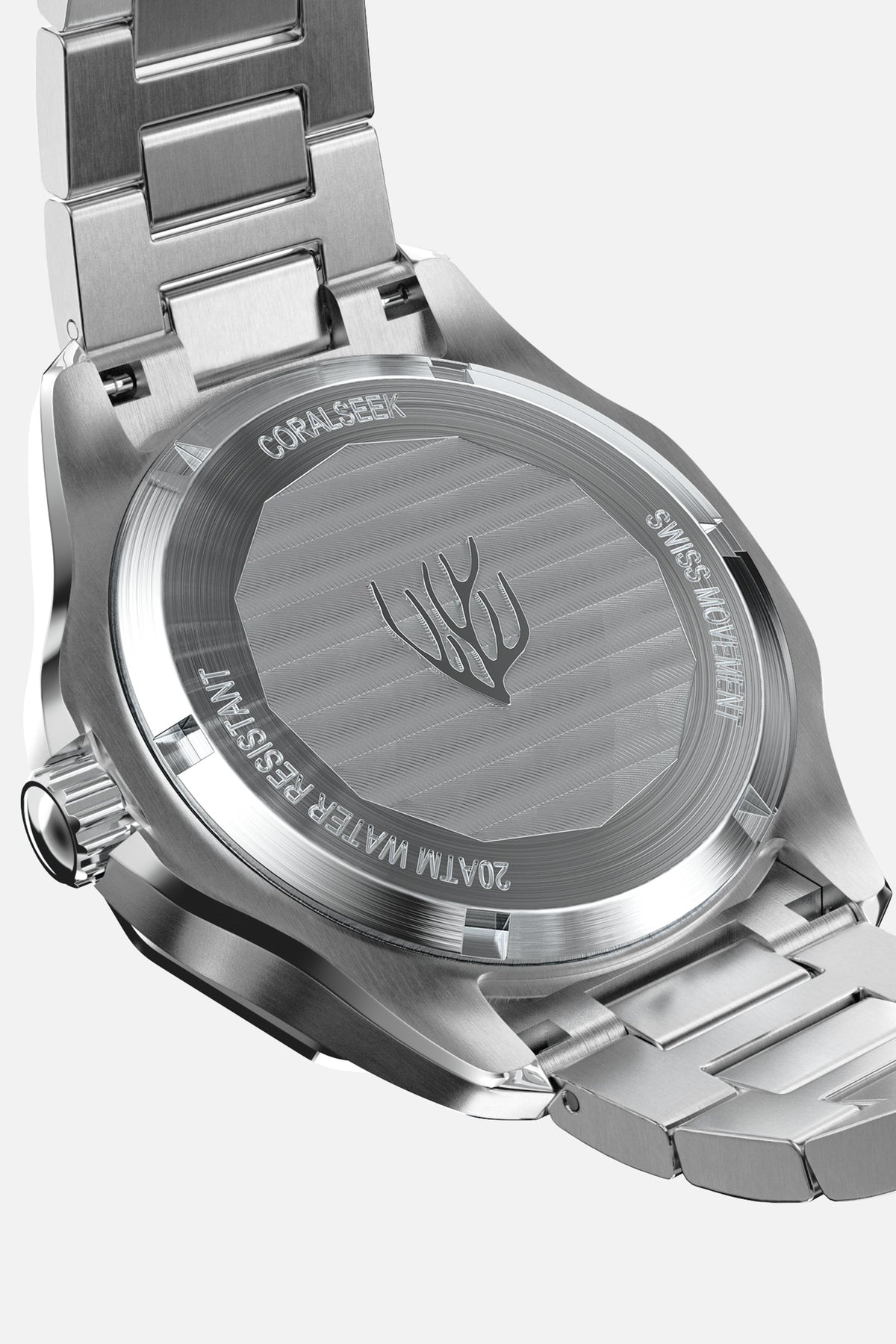 Solid case back with an engraved coral motif