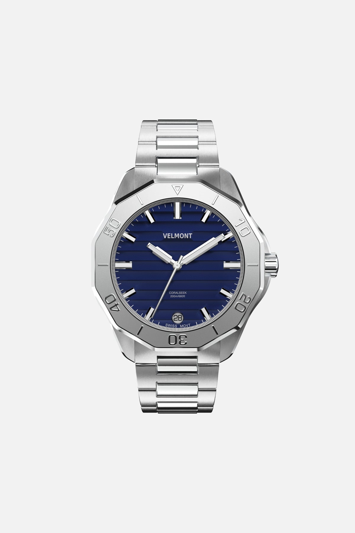 Front view of the 40 mm watch with blue dial on a silver-tone link bracelet