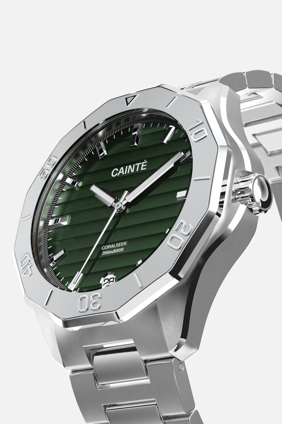 Three-quarter view of the faceted, numbered bezel and green dial