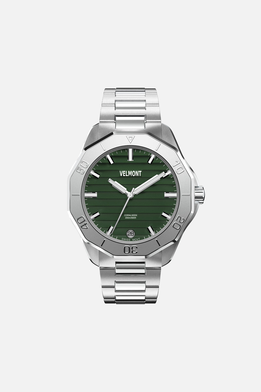 Front view of the 40 mm watch with green dial on a silver-tone link bracelet