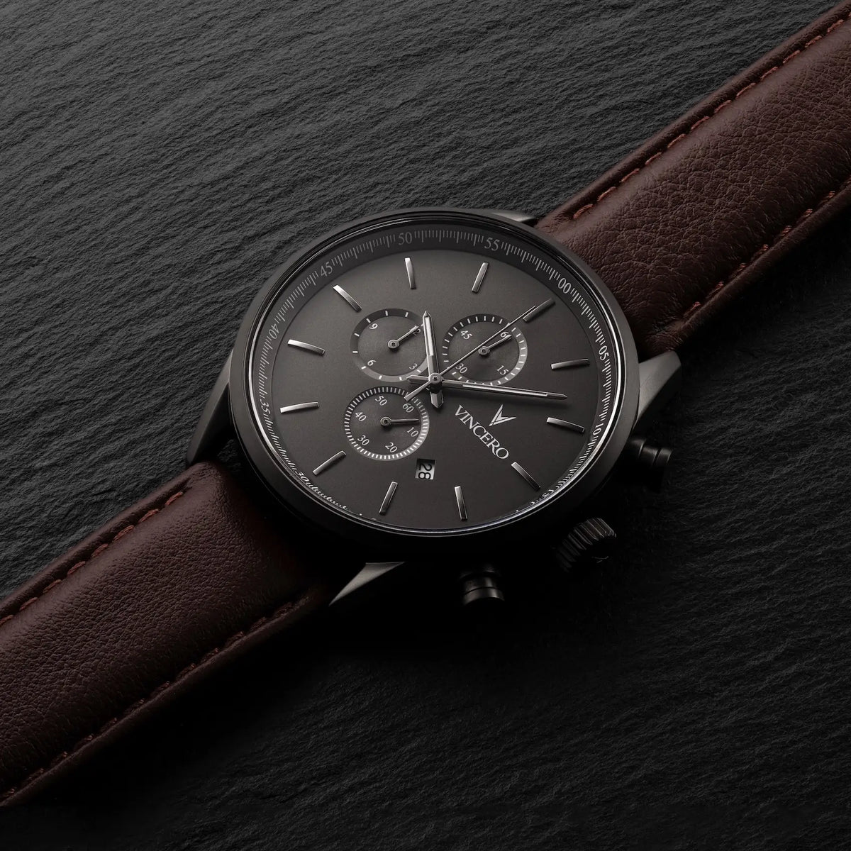 Gunmetal chronograph on dark slate