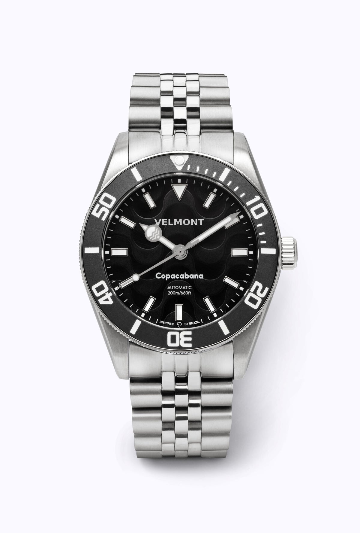 Black dial and bezel watch on a steel bracelet