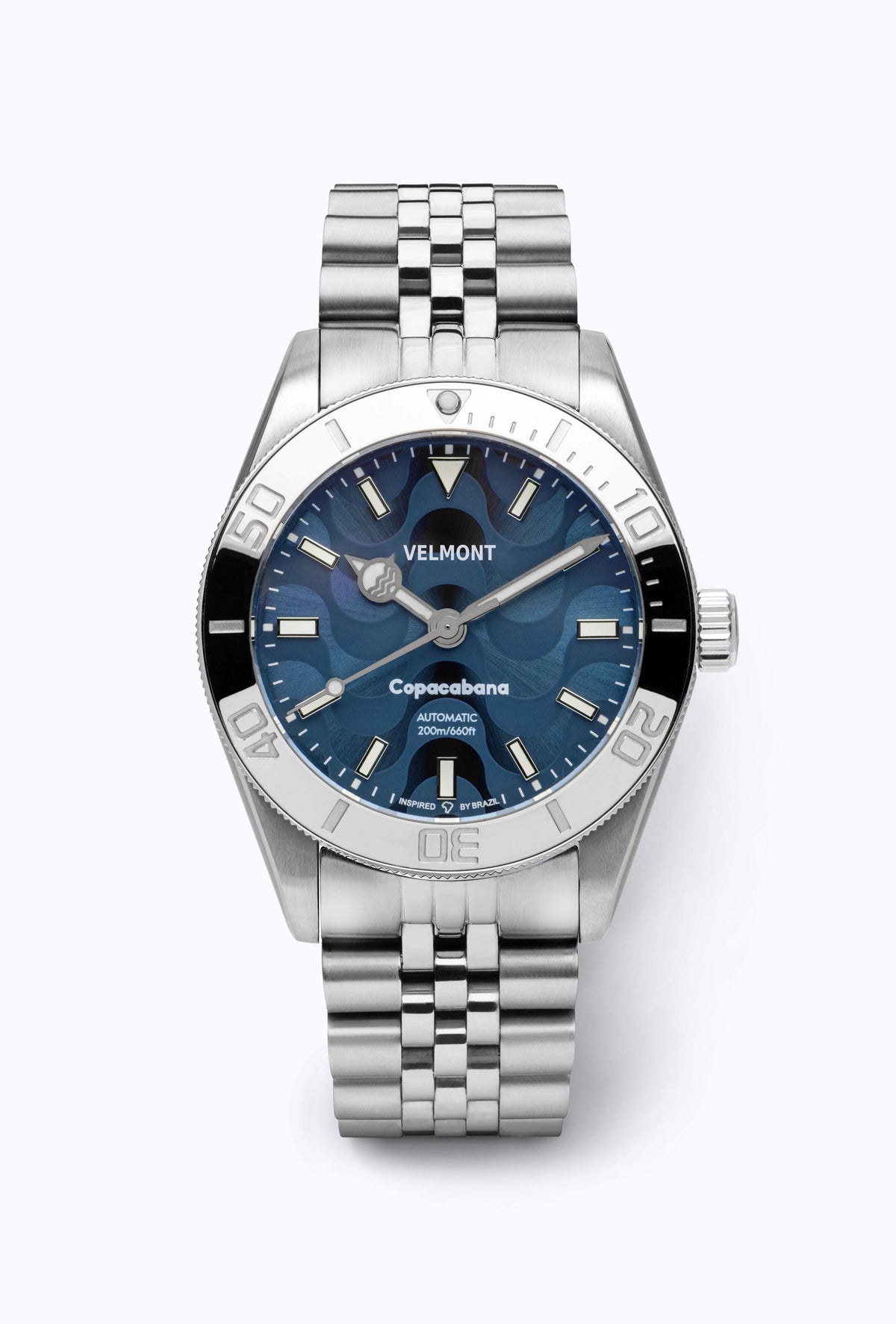 Blue wave dial watch with black and steel bezel on a bracelet