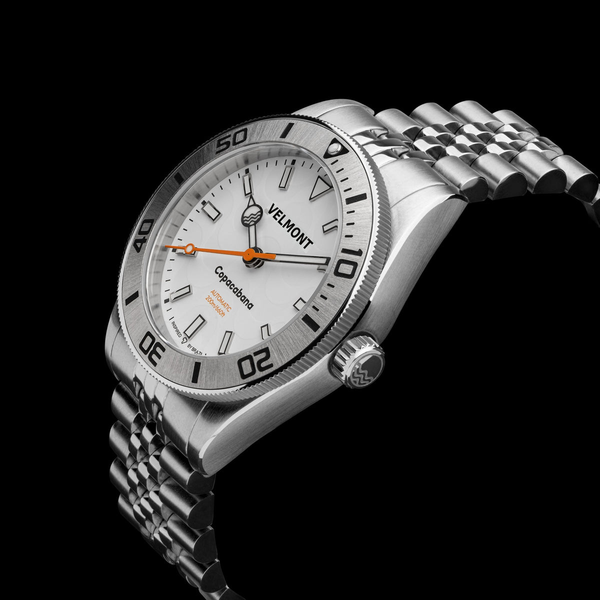 White dial watch on bracelet at an angle
