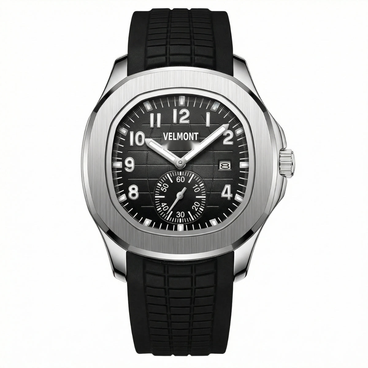 Silver-tone watch with black grid dial and black rubber strap, front view