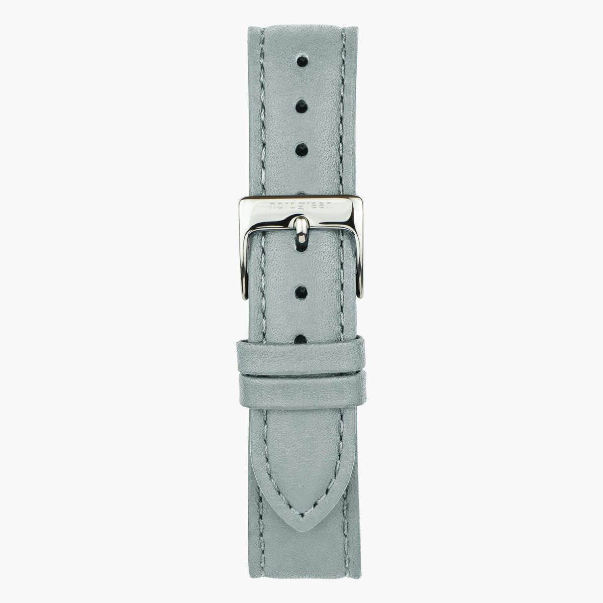 Light gray smooth strap with darker gray stitching and a silver-tone buckle.