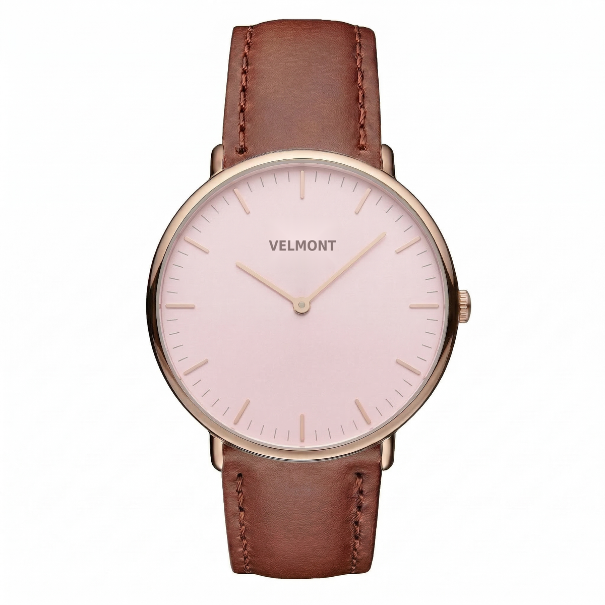 Watch with a soft pink dial and rose gold-tone case on a smooth brown strap.