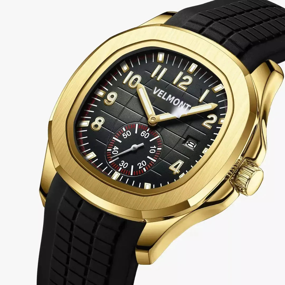 Gold-tone black-dial watch at an angle