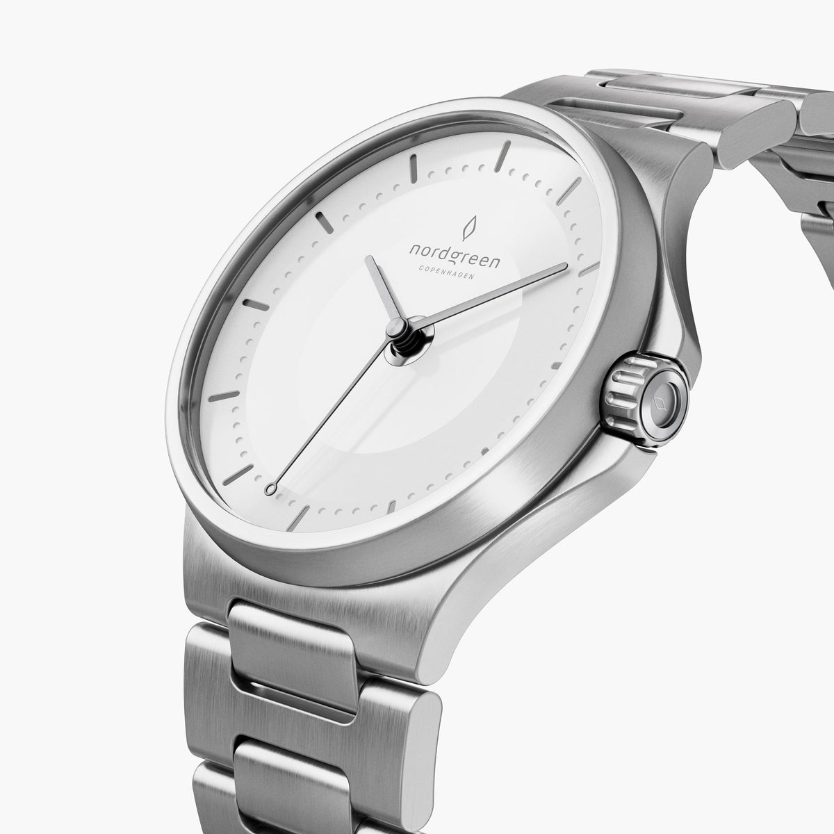 Angled view of the white dial, polished bezel and silver-tone crown.