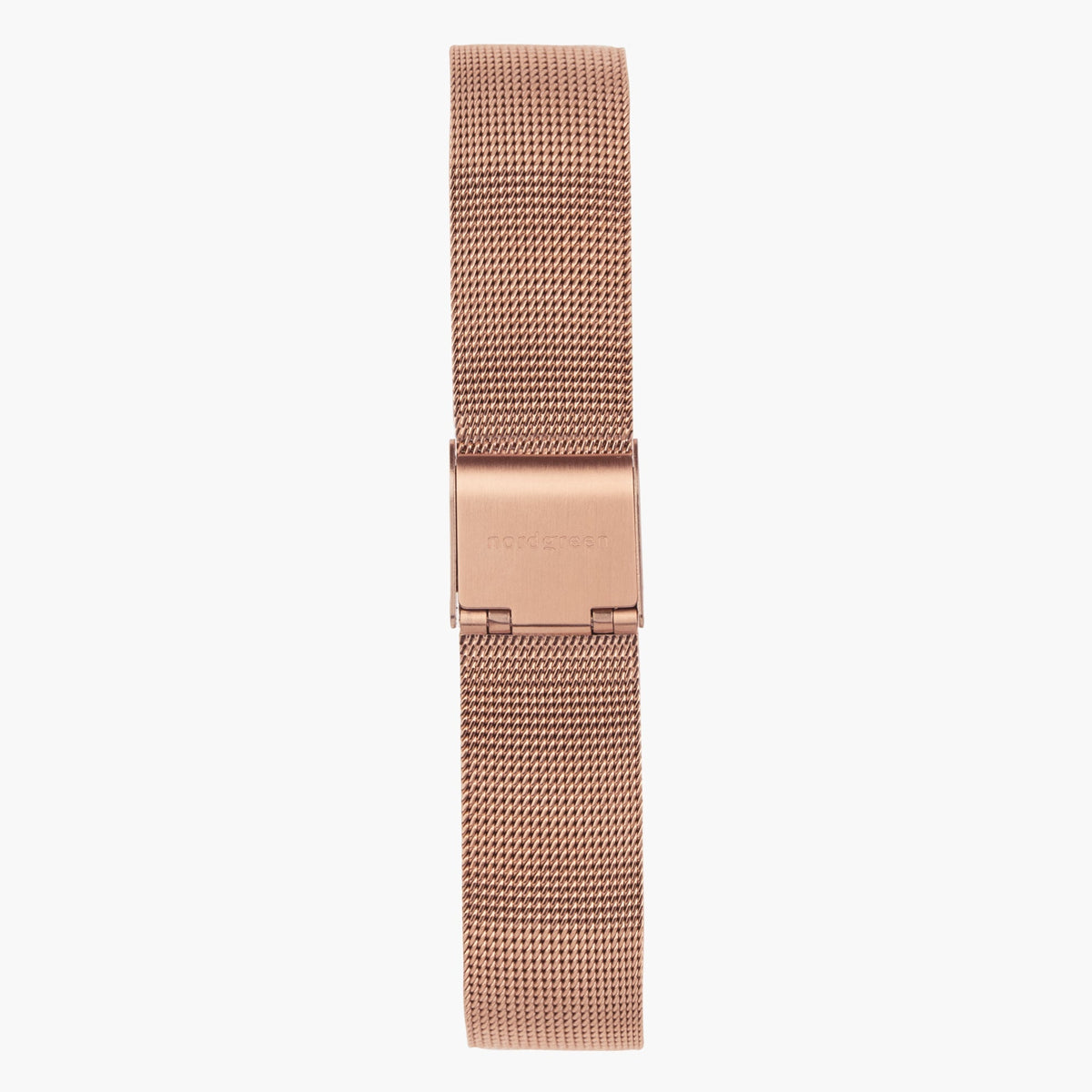 Rose gold-tone mesh strap with a matching rose gold-tone fold-over clasp, laid out flat.
