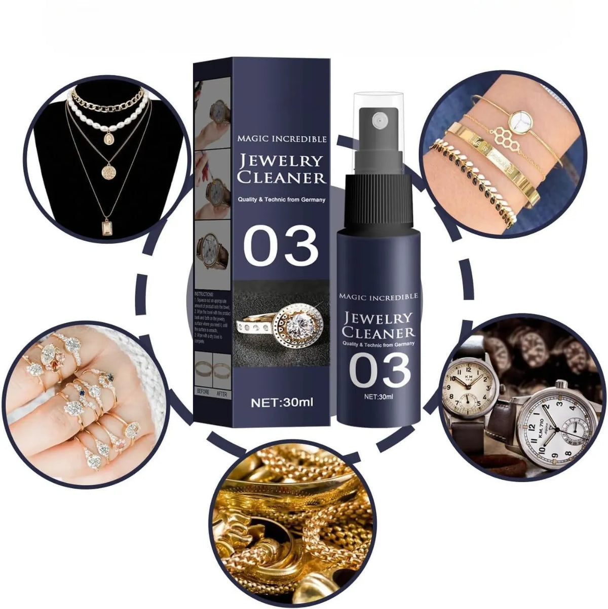 Cleaning spray box surrounded by jewelry and watches