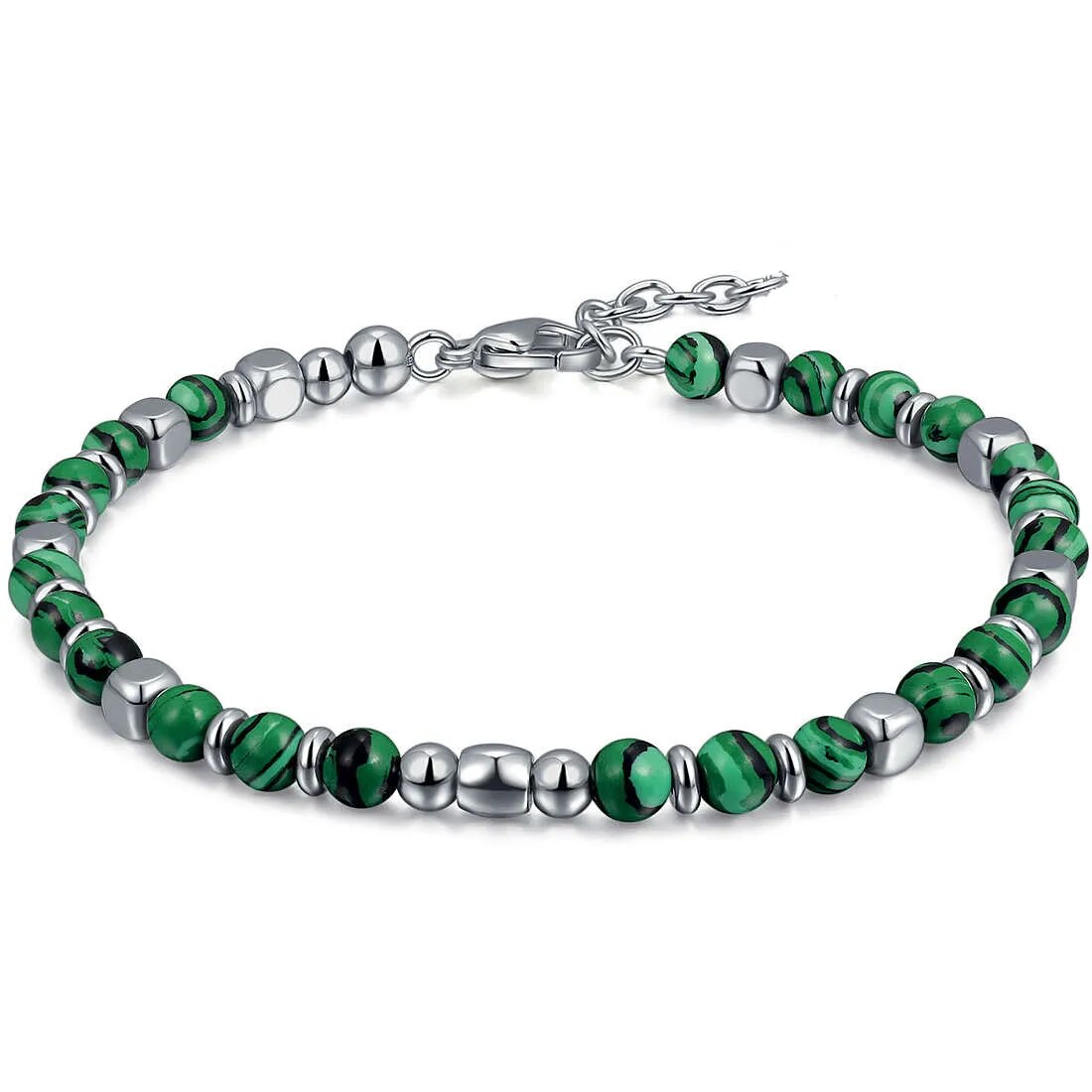 Green banded bead and steel bracelet with lobster clasp