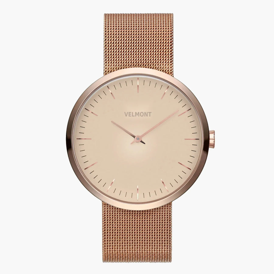 Watch with a blush rose gold-tone dial and matching rose gold-tone mesh strap, front view.