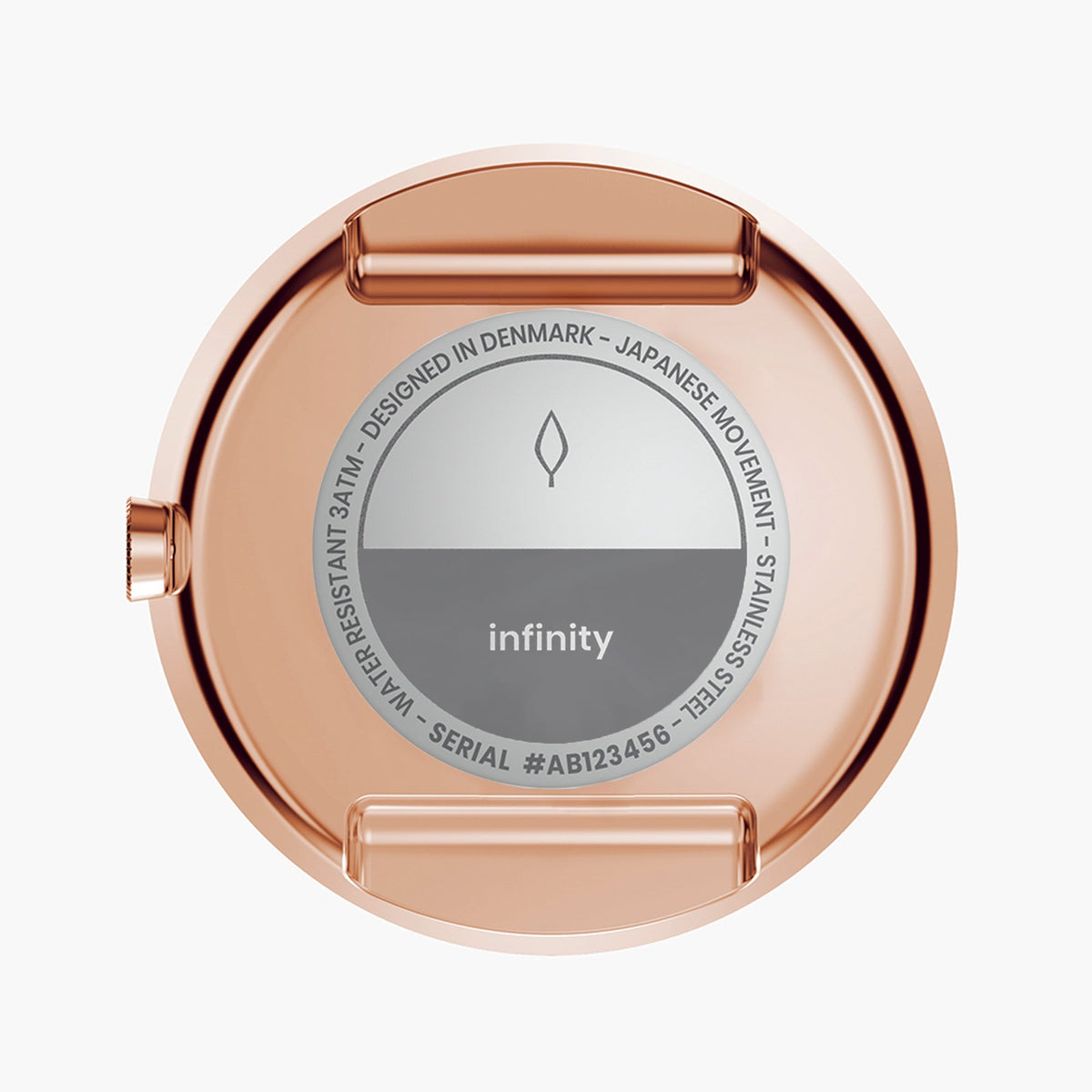 Case back in rose gold tone with a gray center plate.