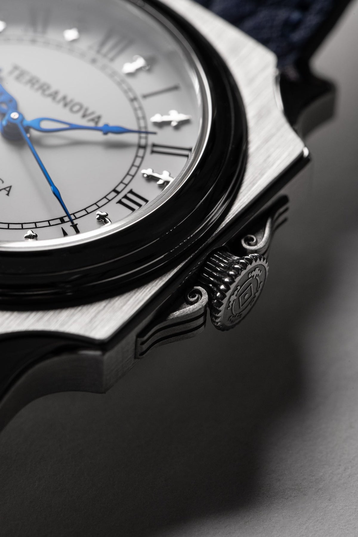 Crown and faceted case edge close-up