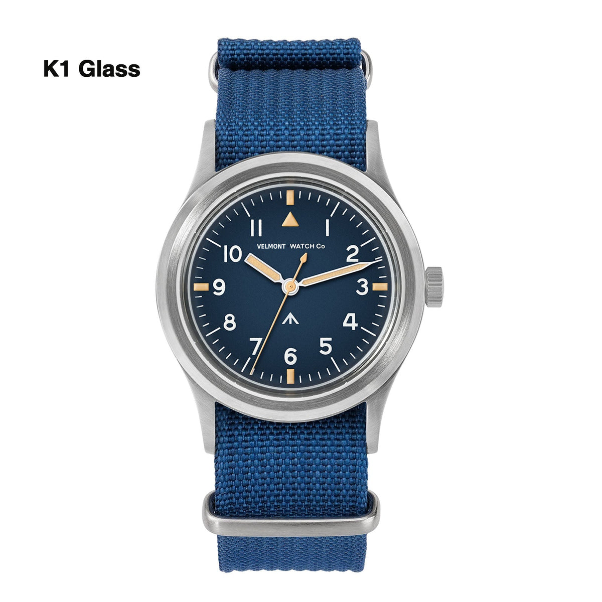 Blue-dial military watch on a blue strap labeled K1 Glass