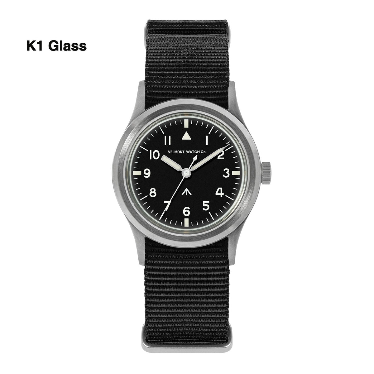 Black-dial military watch labeled K1 Glass