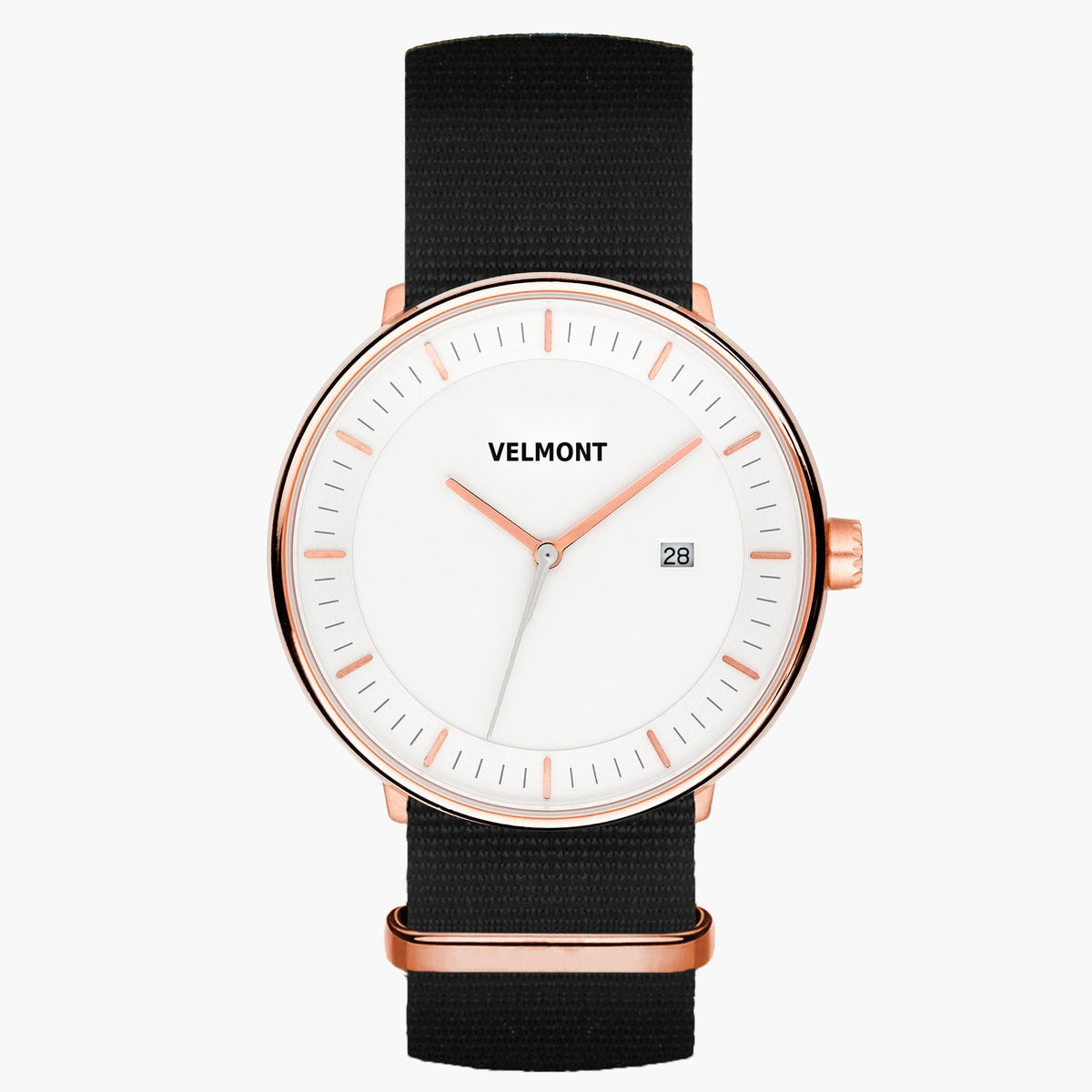 Watch with a white dial and rose gold-tone case on a black woven strap.