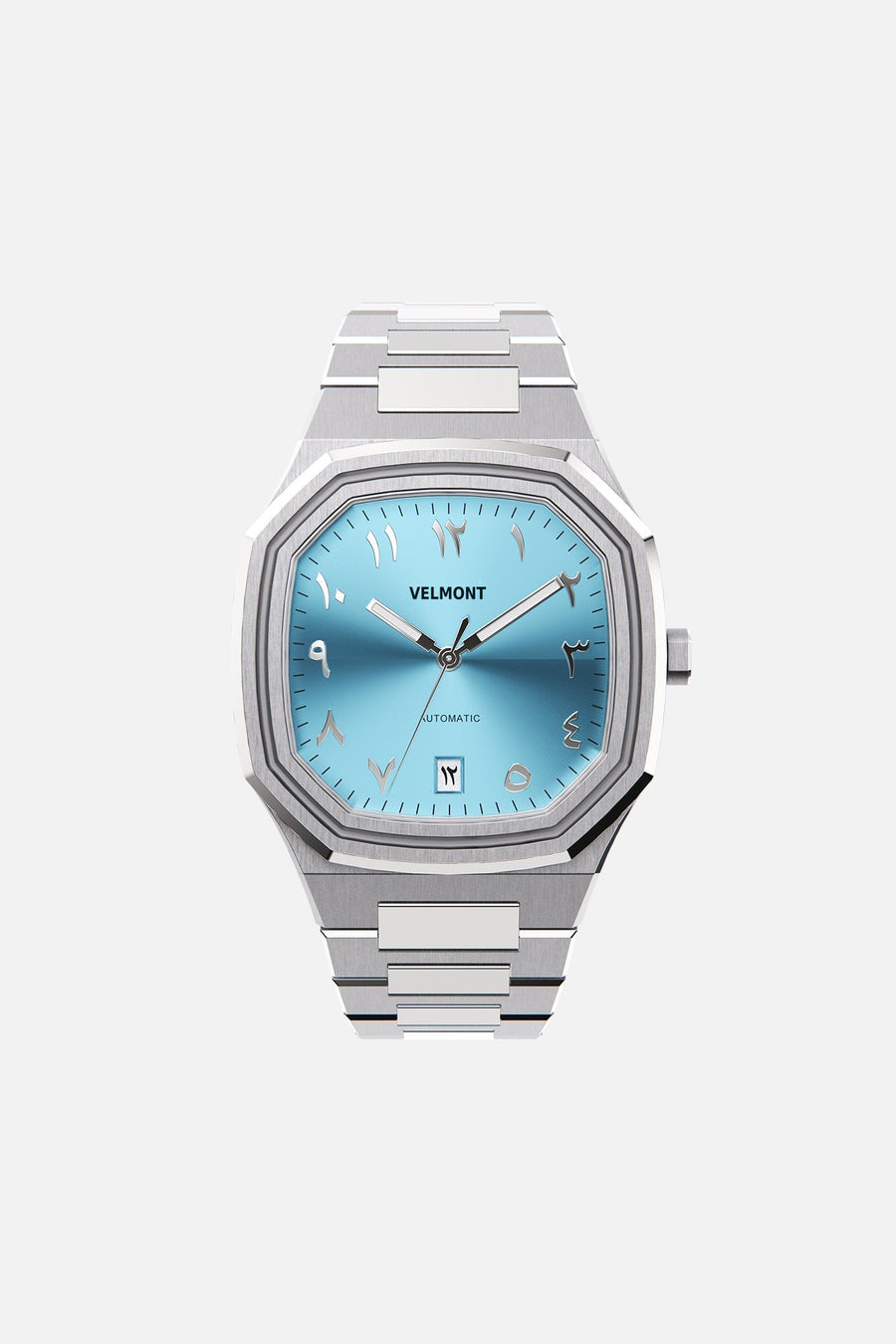 Front view of the octagonal watch with turquoise Arabic numeral dial on its integrated bracelet