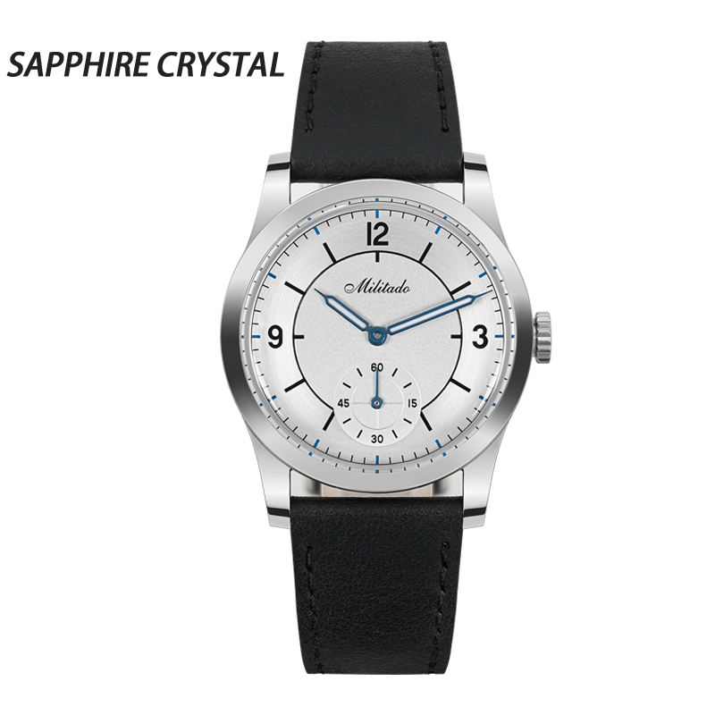 Silver-dial dress watch with numerals and overlay text