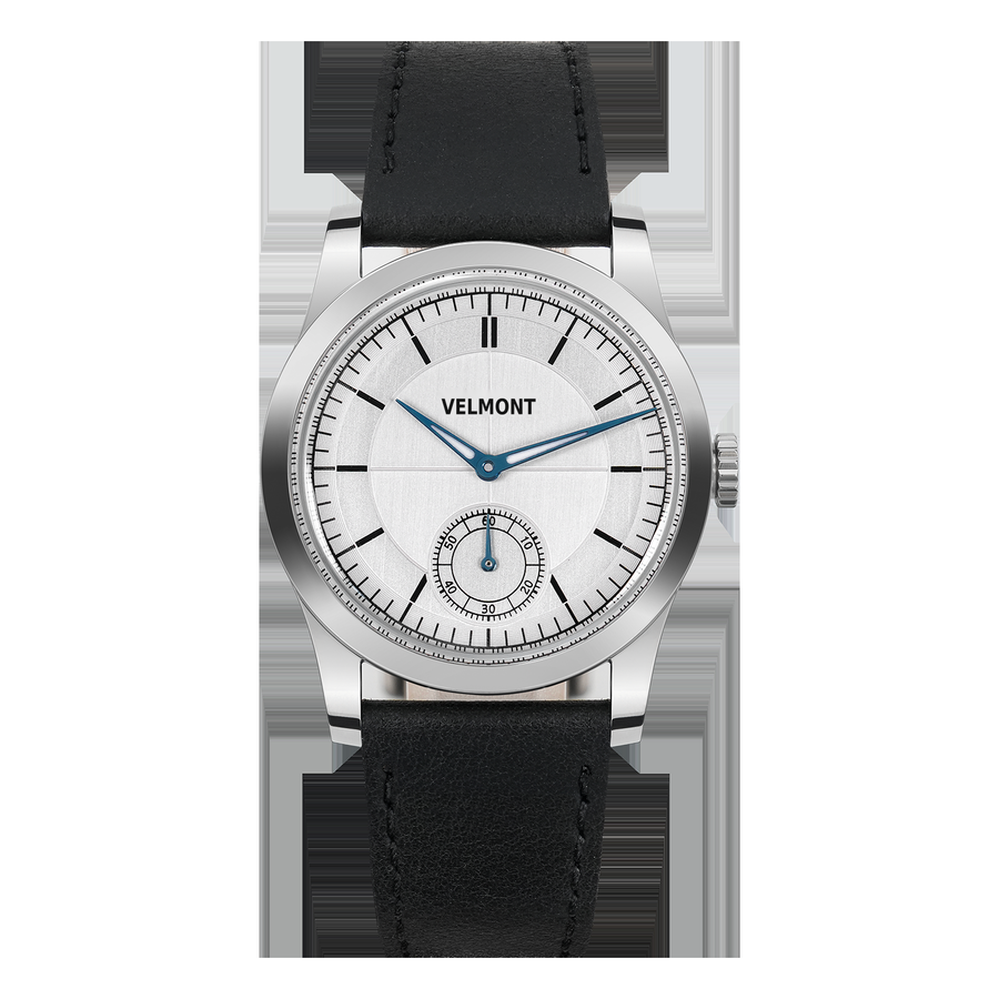 Silver-dial dress watch with blue hands and small seconds on a black strap