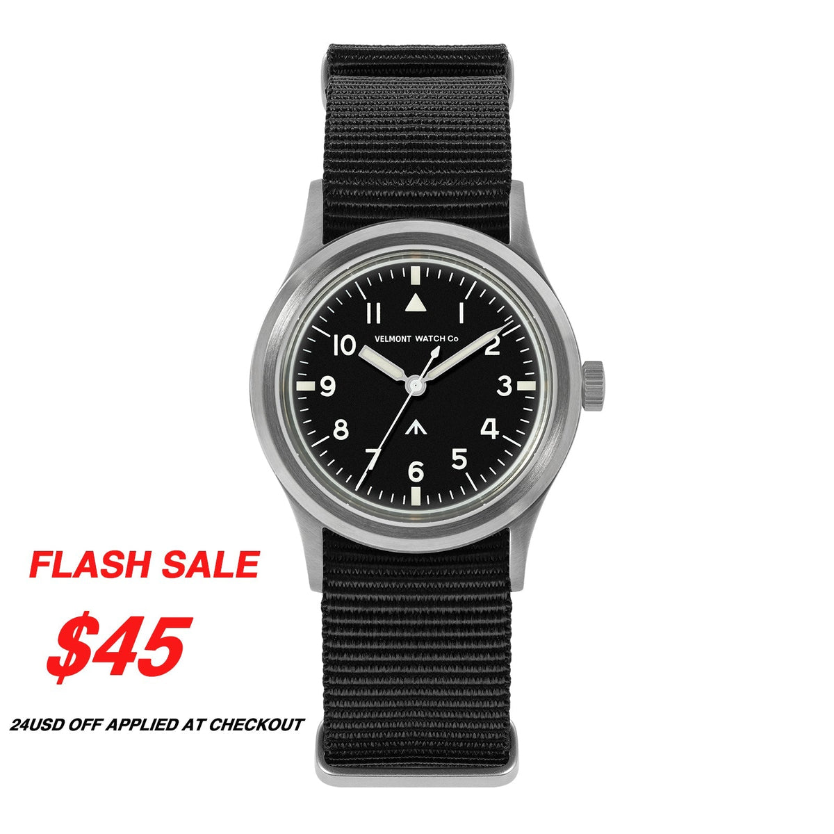 Black-dial field watch on a black nylon strap with sale text