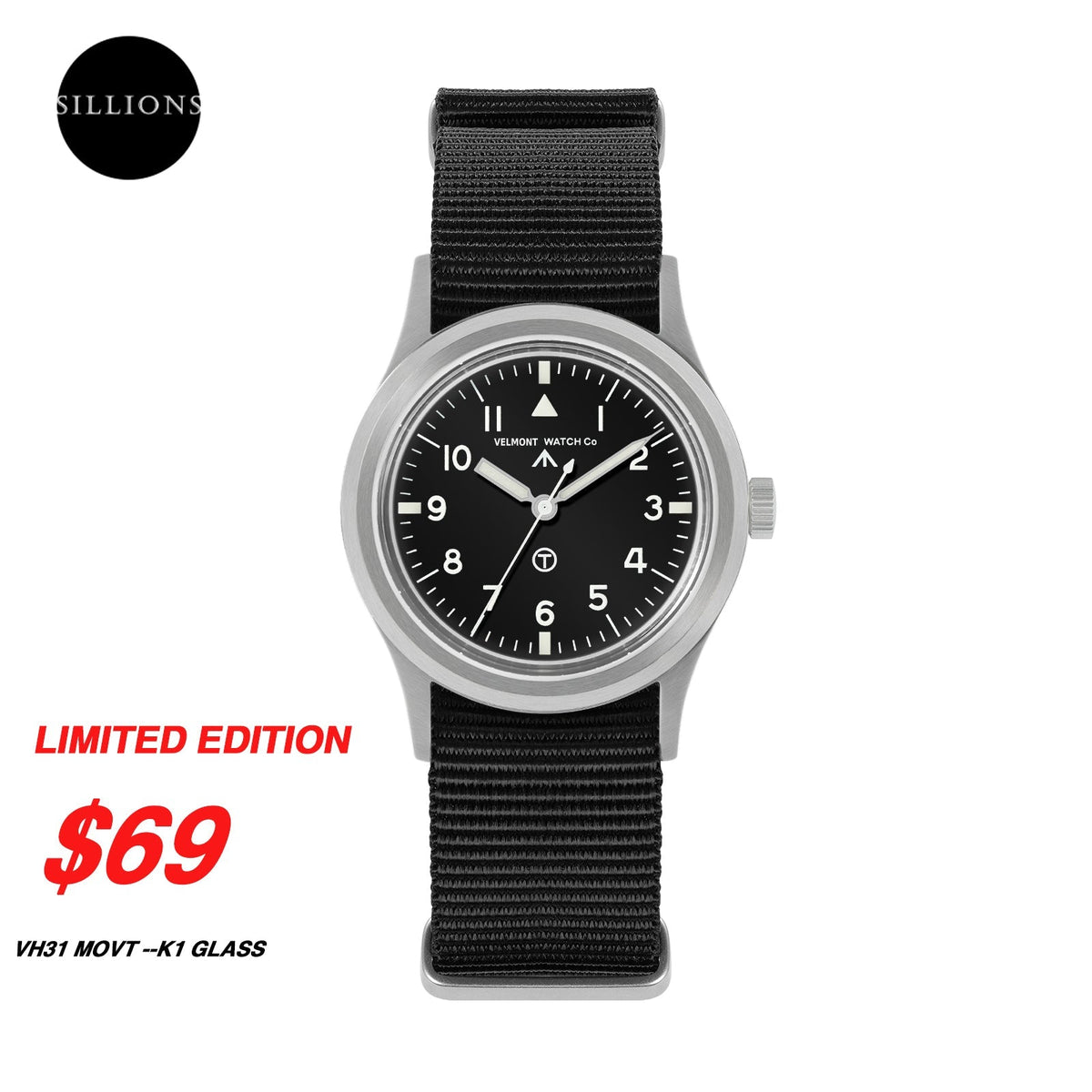 Black-dial military watch with promotional text and logo