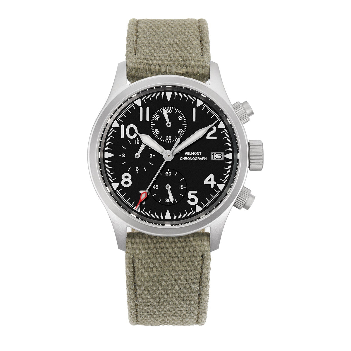 White-indices chronograph on khaki canvas, angled light