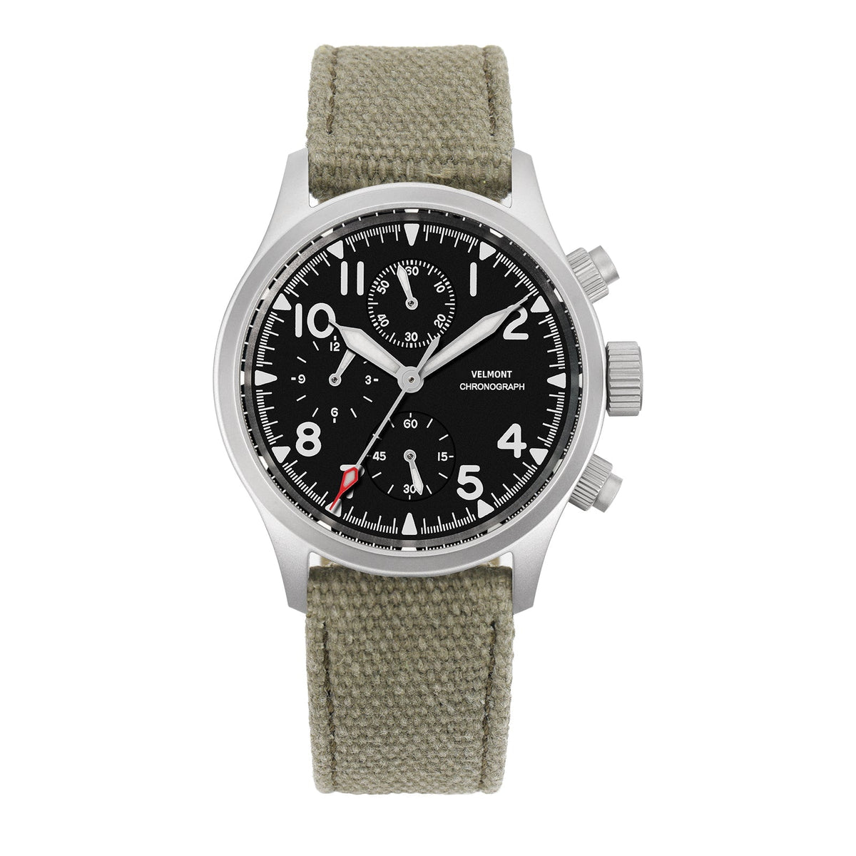 White-indices chronograph on a khaki canvas strap, front view