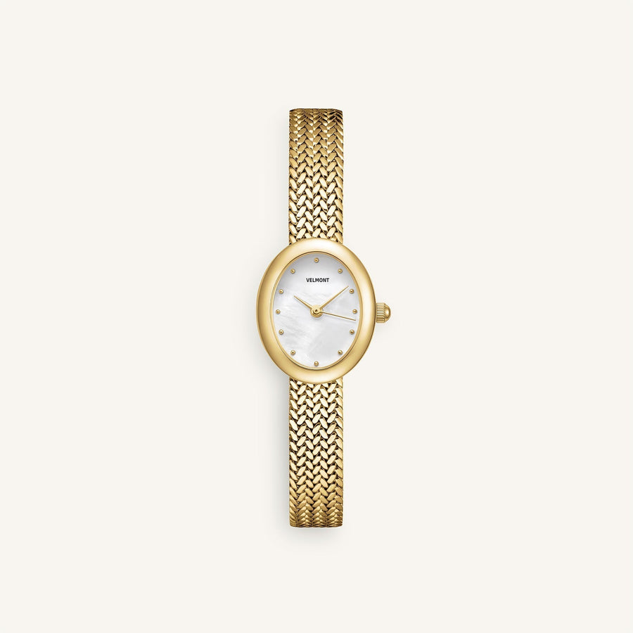 Gold-tone oval watch on a woven bracelet, front view