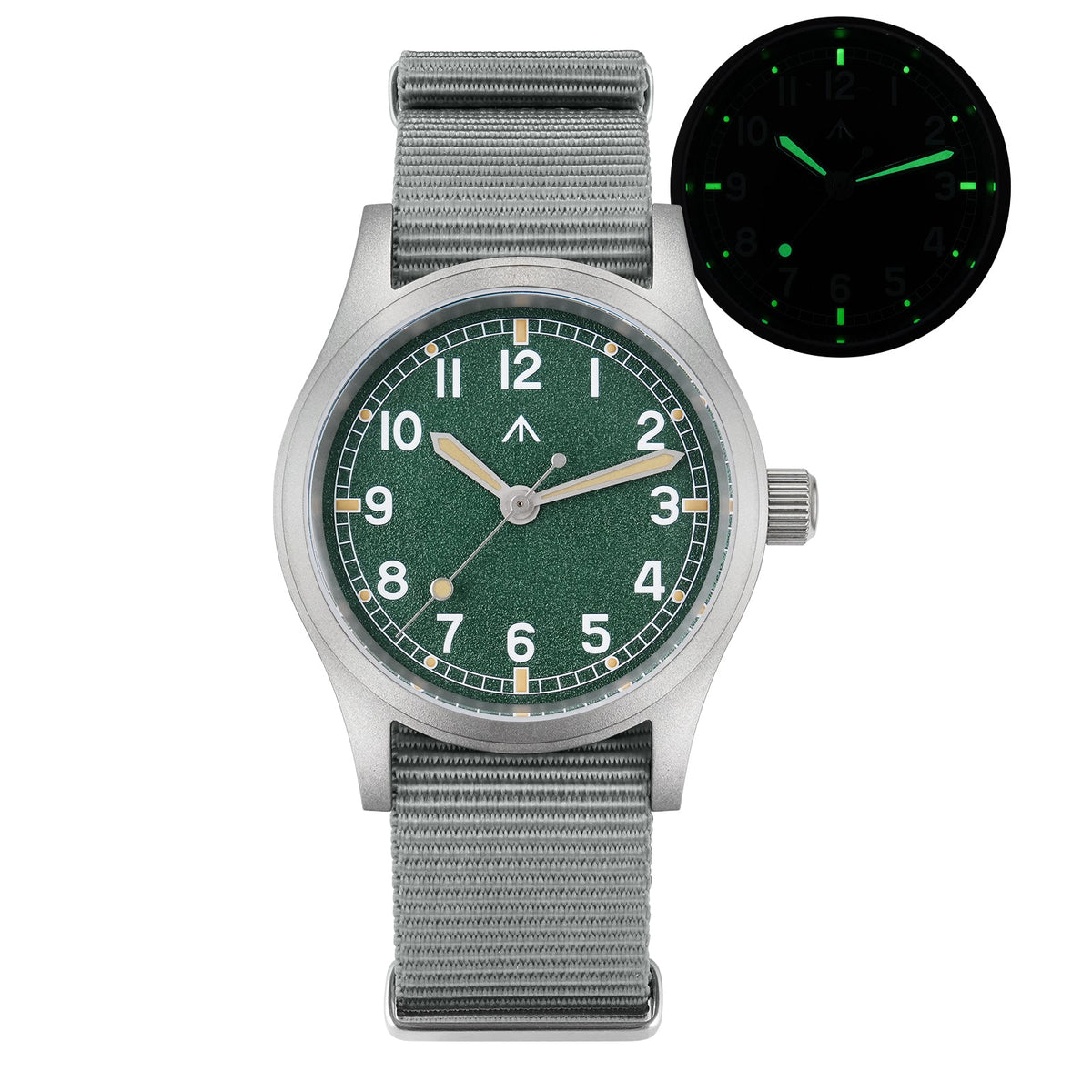 Green-dial military watch with glow-in-the-dark inset