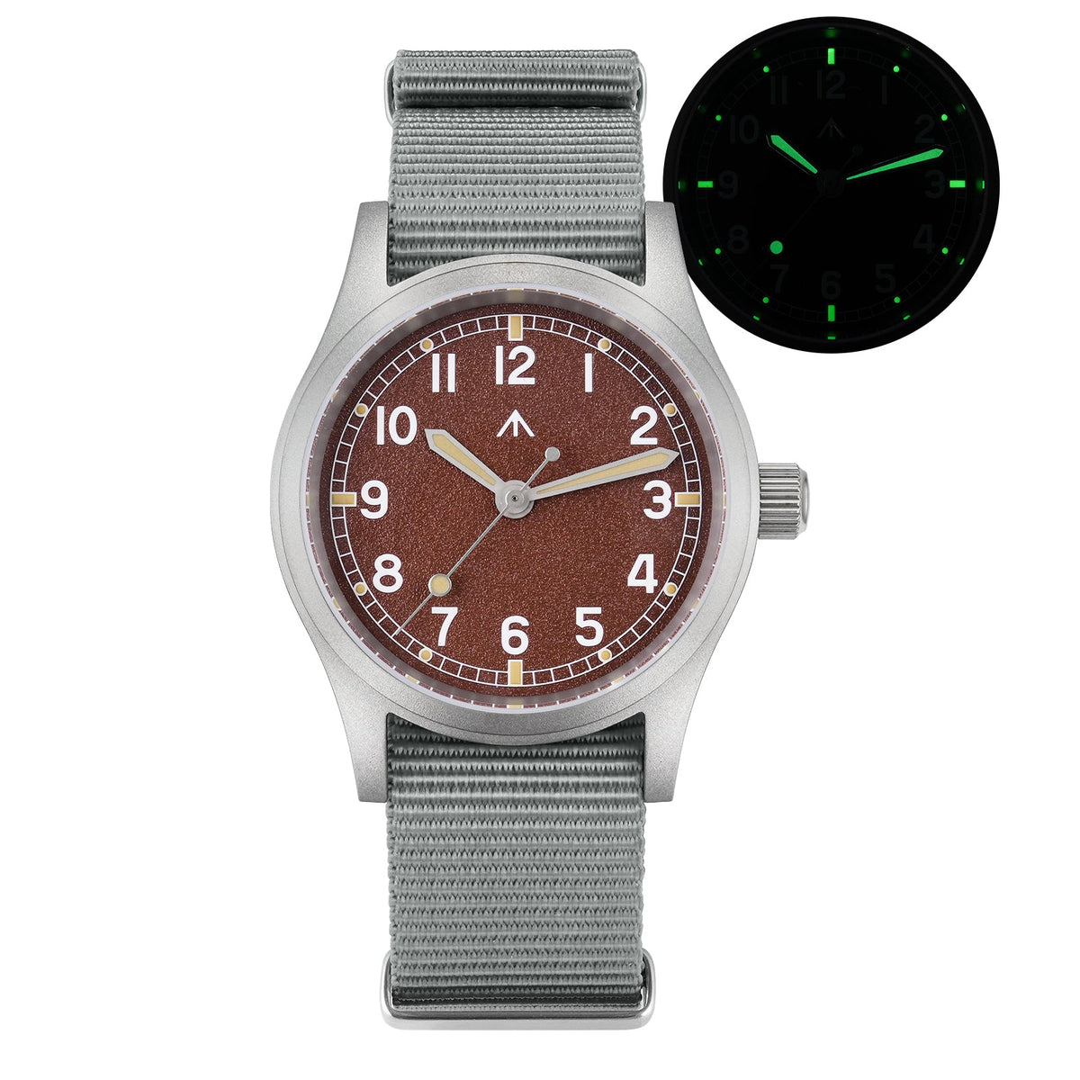 Red-brown dial watch with glow inset