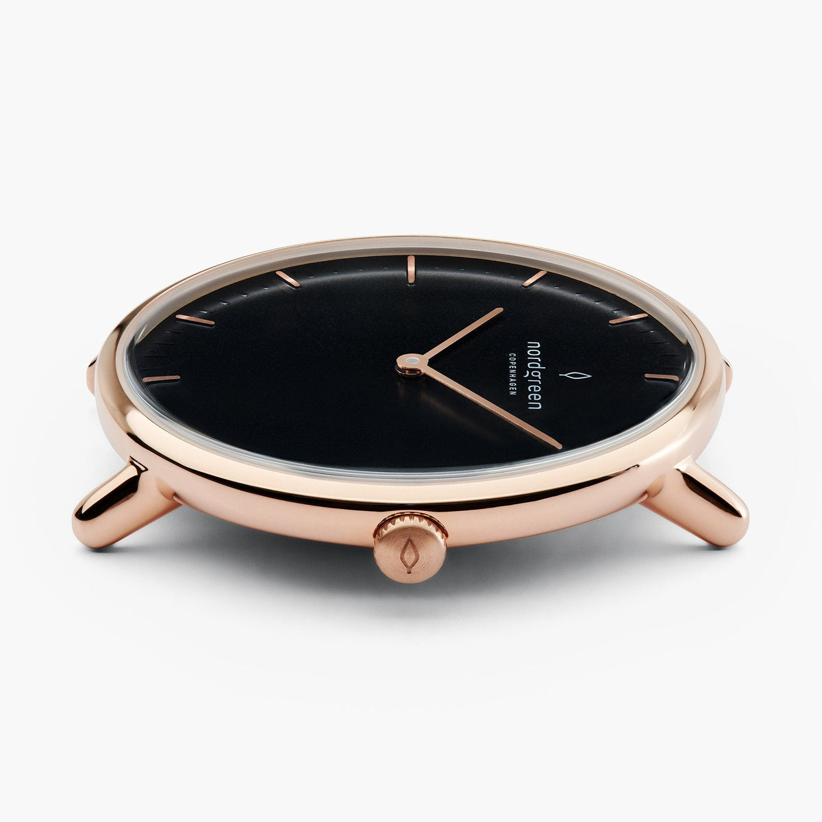 Edge-on view of the rose gold-tone case, lugs and crown without the strap.