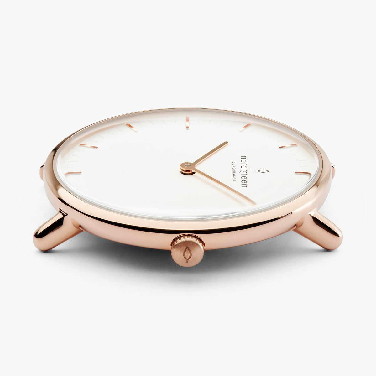 Side view of the rose gold-tone case highlighting the slim profile.