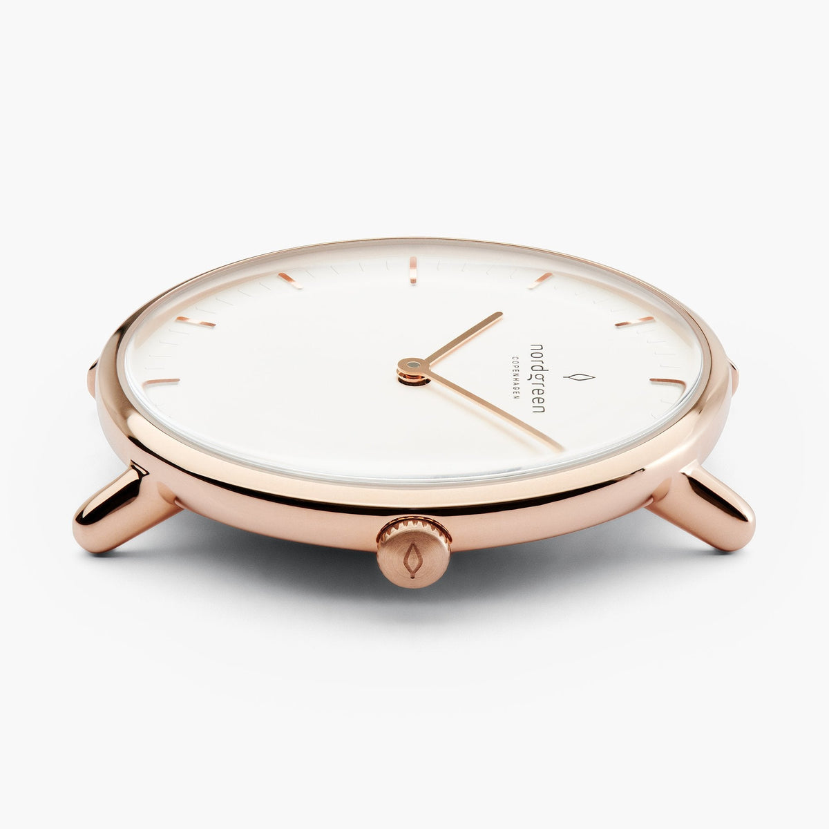 Side profile of the rose gold-tone case showing the knurled crown.