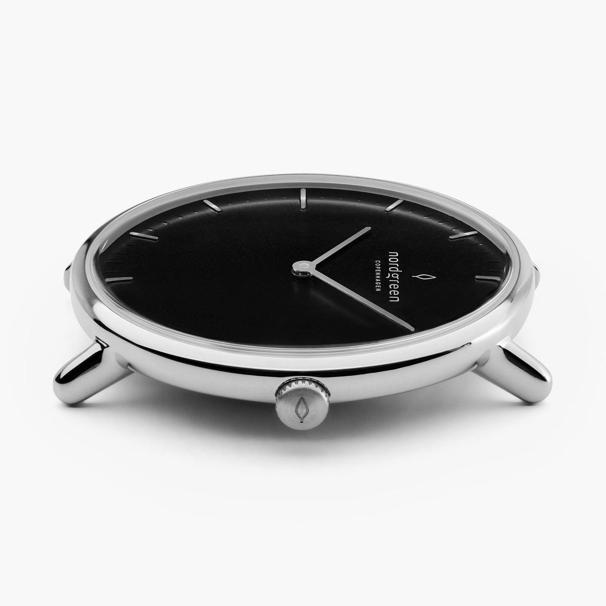 Edge-on view of the silver-tone case, lugs and crown without the strap.