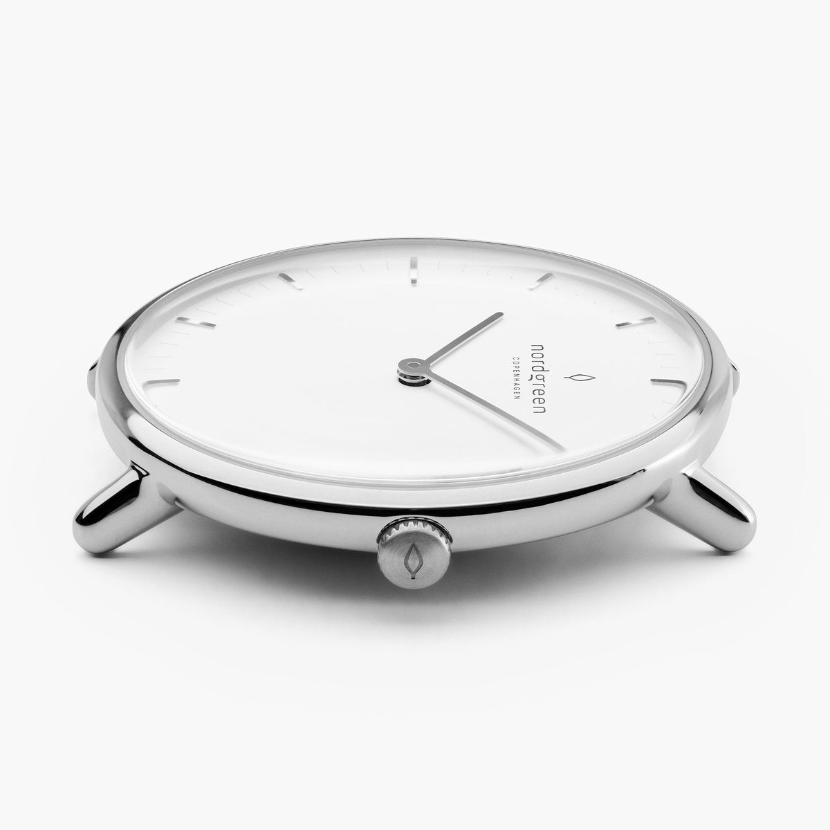 Thin silver-tone case in side profile, showing tubular lugs.