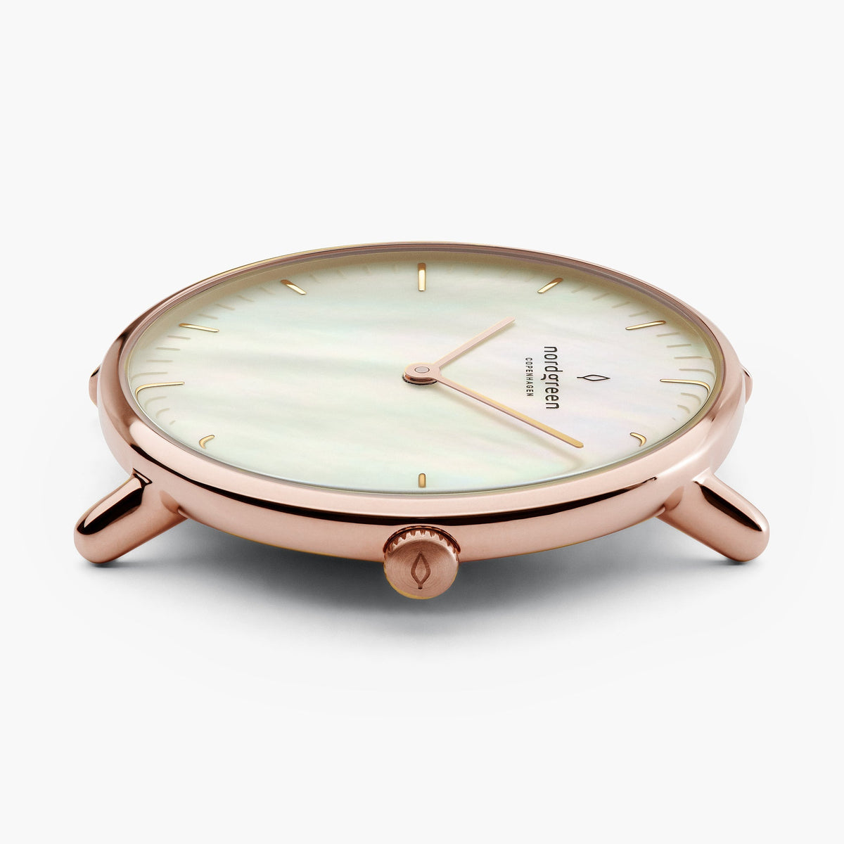 Side view of the slim rose gold-tone case showing thin lugs and the crown.