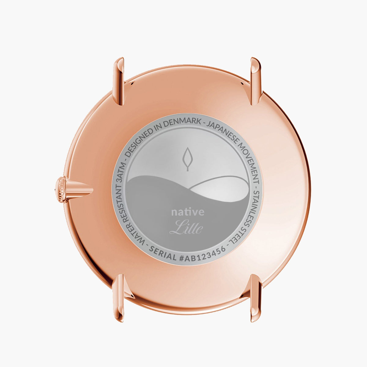 Rear view of the rose gold-tone case with an engraved center plate.