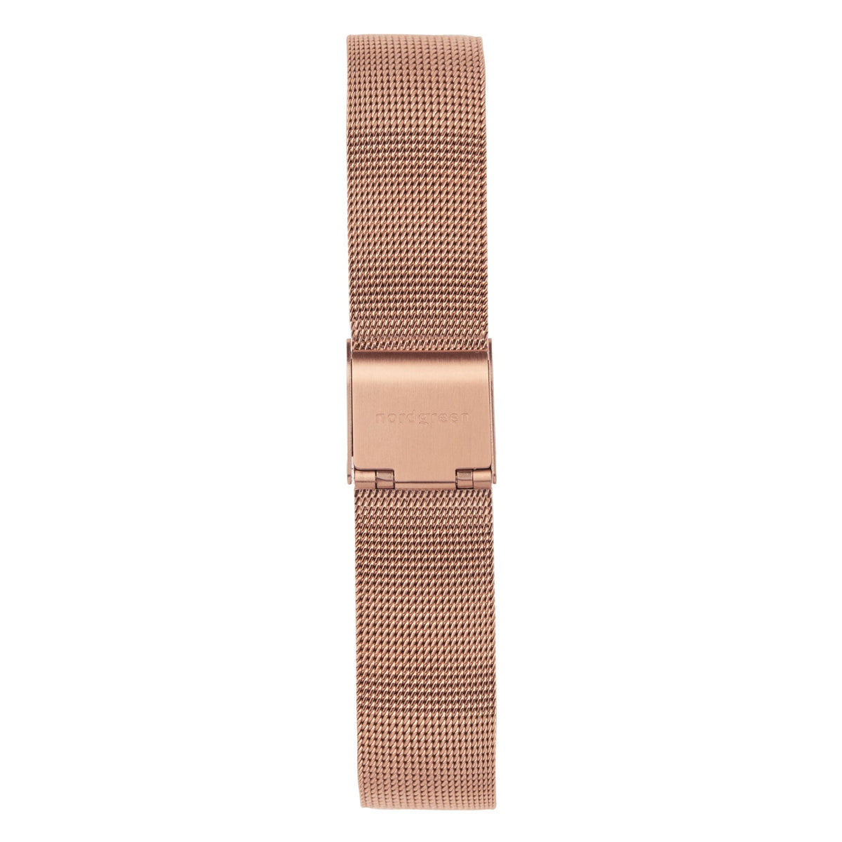 Rose gold-tone mesh band with its sliding clasp, laid flat.