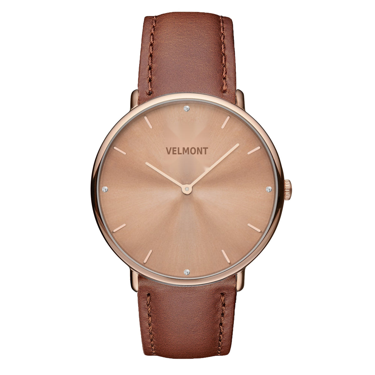 Watch with a rose gold-tone sunburst dial and matching case on a caramel brown strap.
