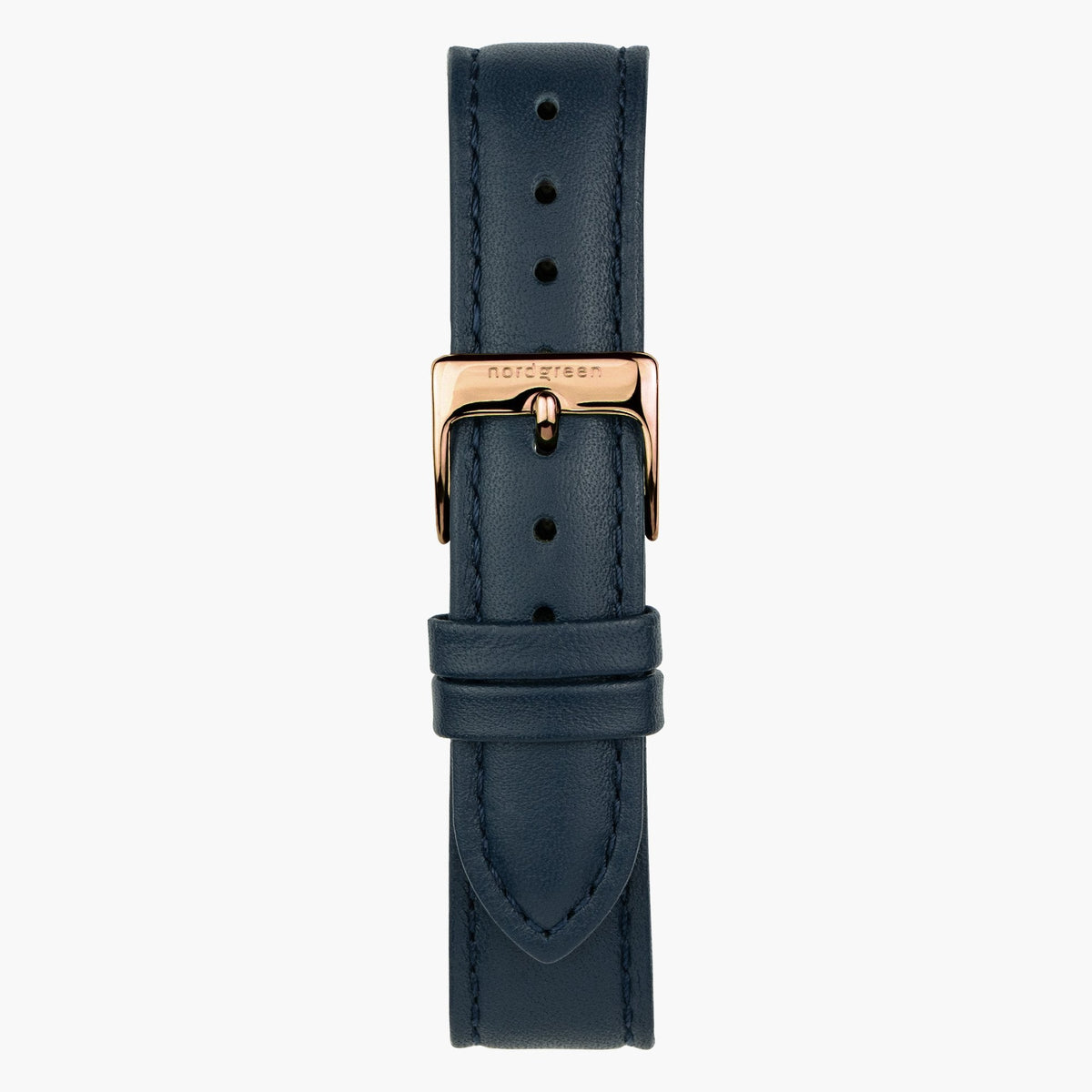 Navy strap with tonal stitching and a rose gold-tone buckle, laid out vertically.
