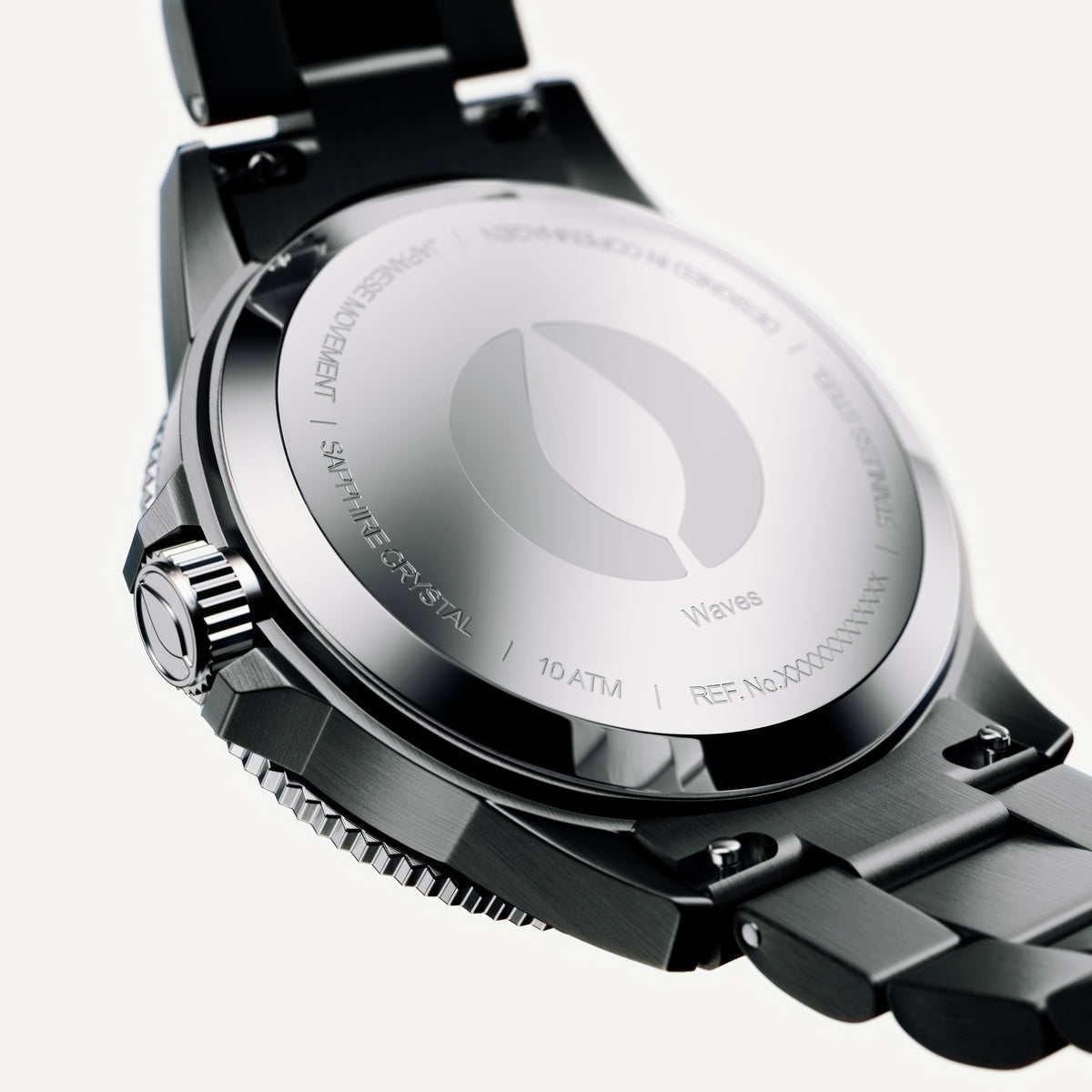 Engraved case back of the black watch with bracelet links attached.
