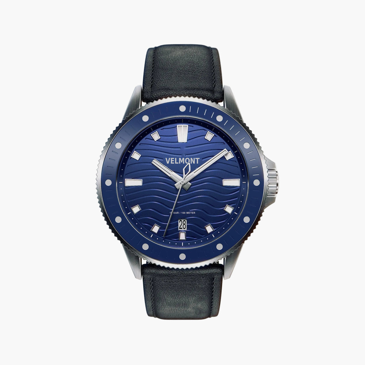 Diver-style watch with a blue wave-pattern dial and blue bezel on a black strap.
