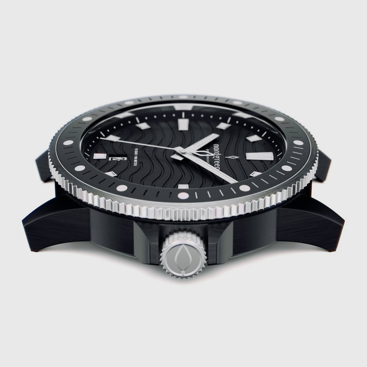 Side profile showing the coin-edge bezel and silver-tone screw-style crown.