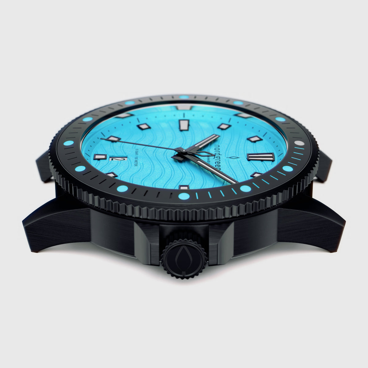 Side profile of the black case with coin-edge bezel and large crown.
