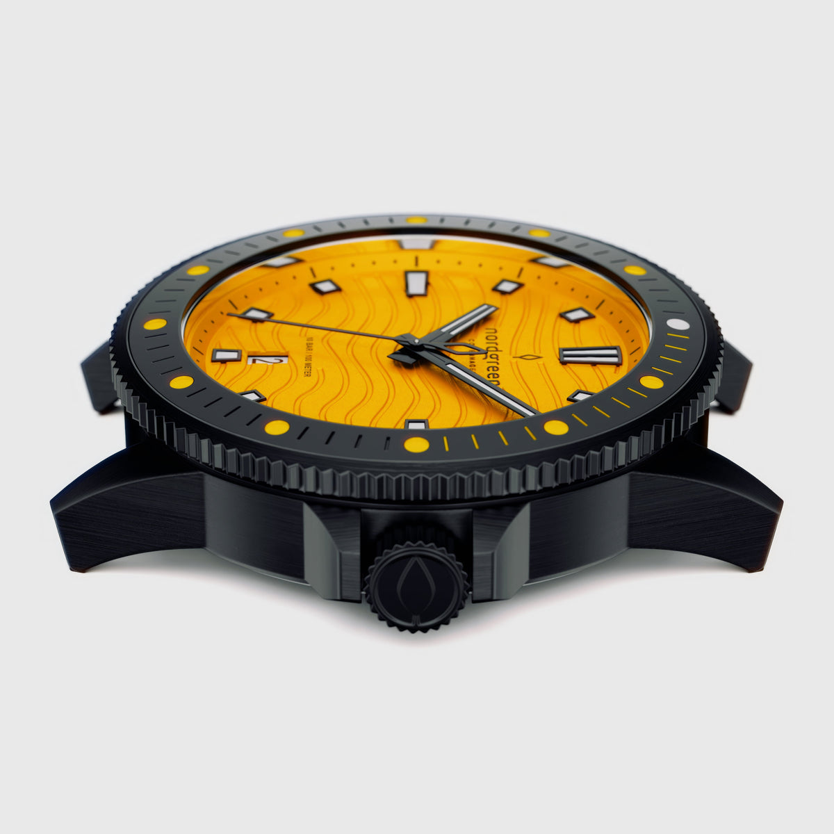 Side profile of the black case showing the coin-edge bezel and crown.