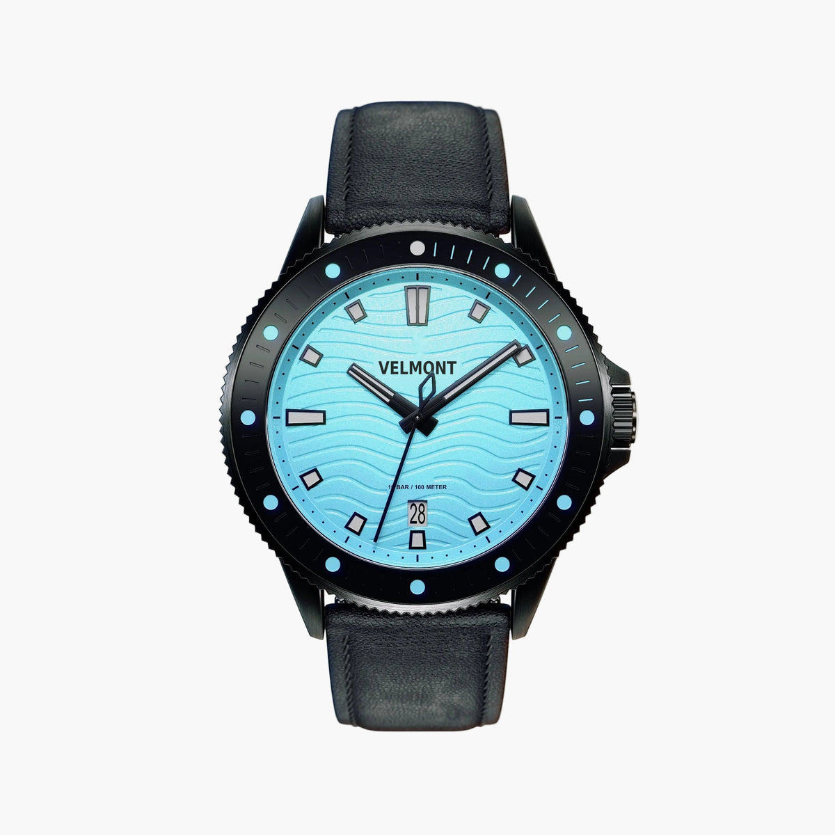 Black diver-style watch with a light turquoise wave dial on a matte black strap.